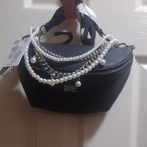 Madden NYC Black Mini Crossbody with Pearl Chain